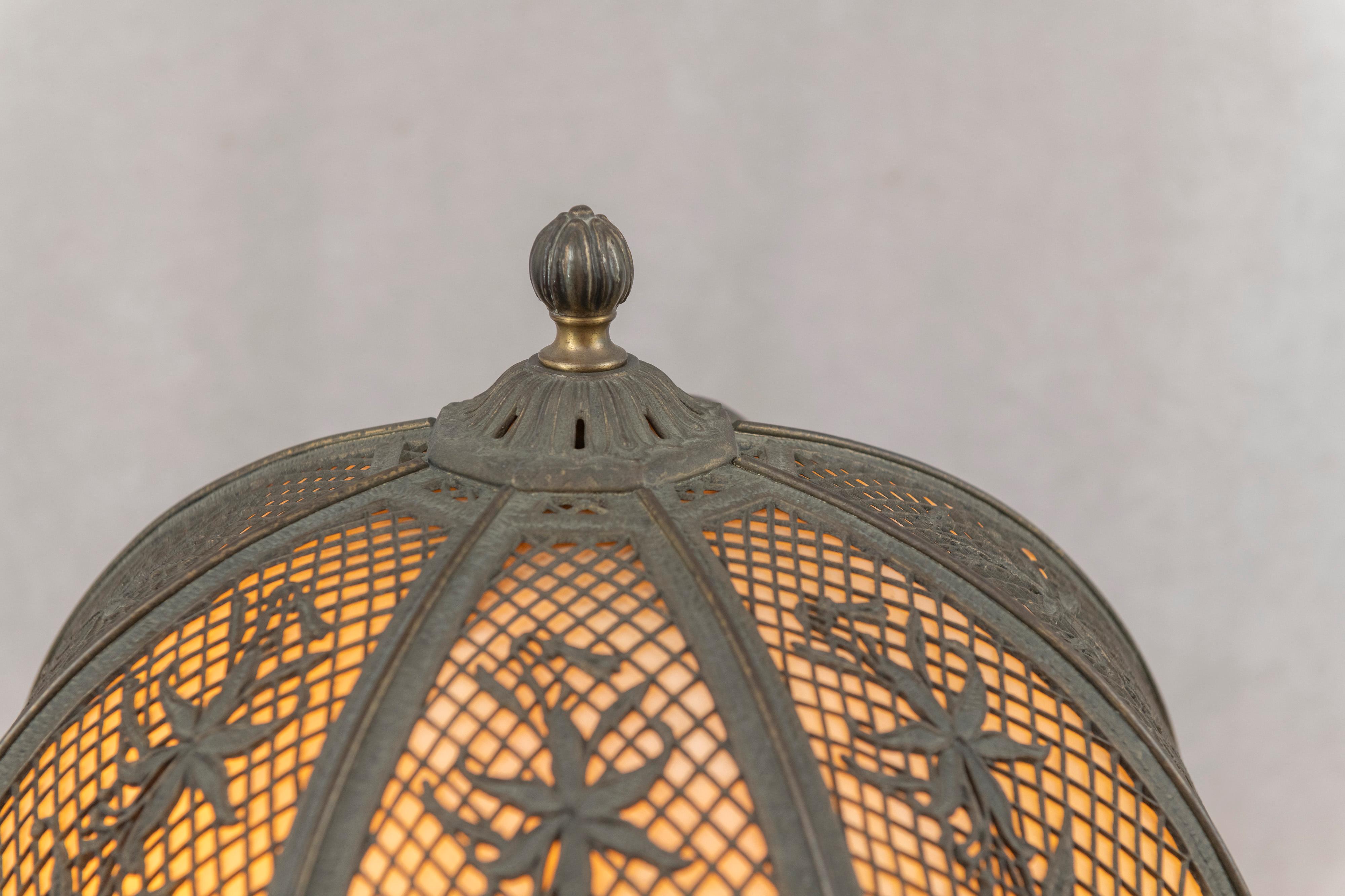 An American Panel Lamp w/ Metal Overlay, Signed B & H, ca. 1915 In Good Condition For Sale In Petaluma, CA