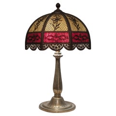Antique An American Panel Lamp w/ Metal Overlay, Signed B & H, ca. 1915