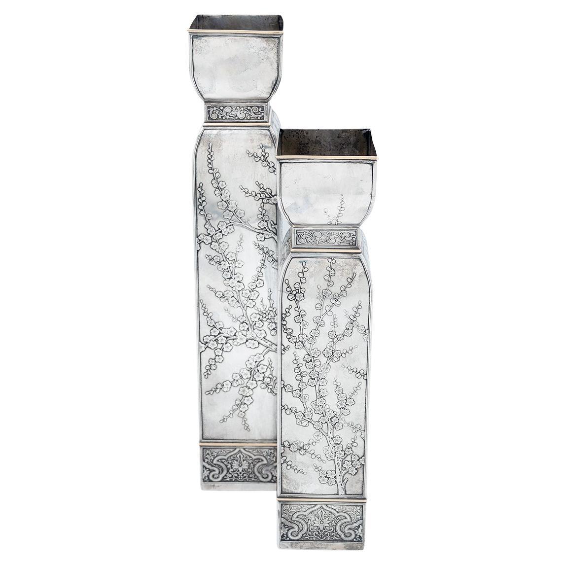 Doppio vaso americano in argento e oro 14 carati, CIRCA 1900 in vendita
