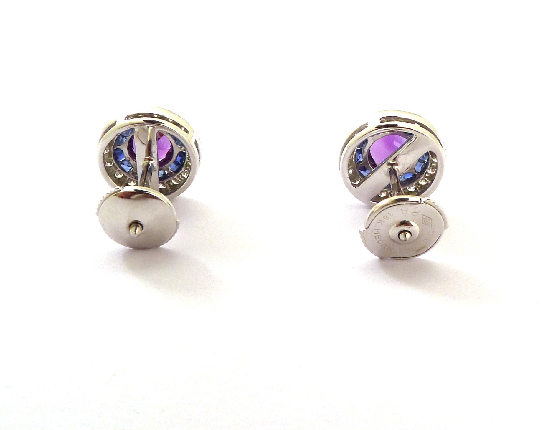Contemporary Amethyst, Blue Sapphire and Diamond Earrings Mounted in 18 Karat Gold For Sale