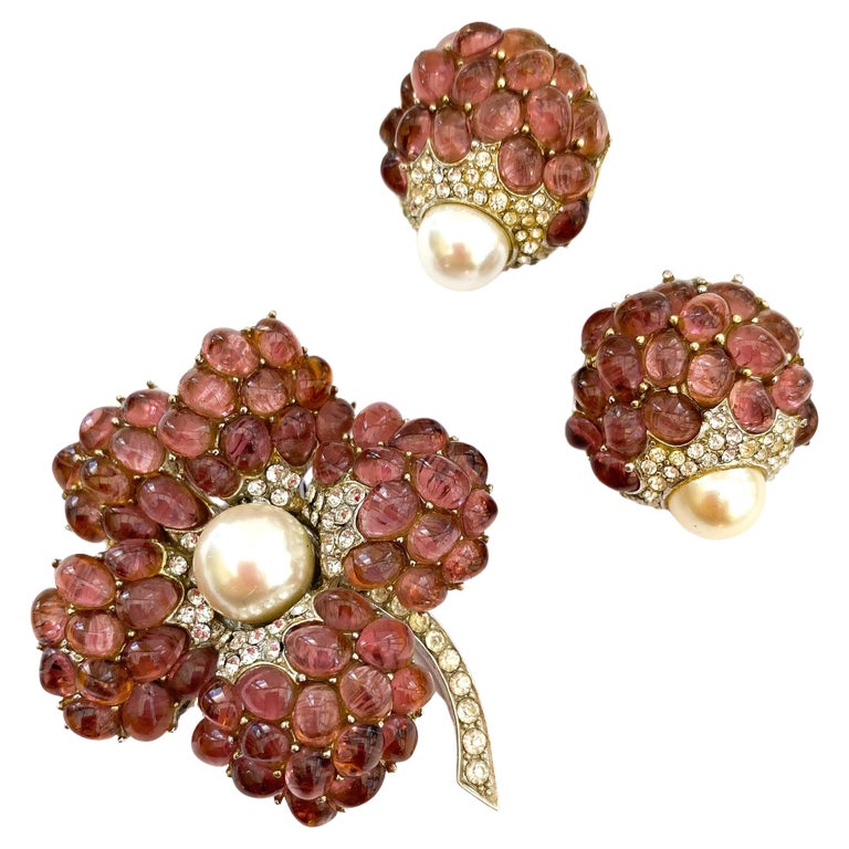 Boucles D'oreilles Vintage Marcel Boucher - Clip, Cabochons Roses, Occasion