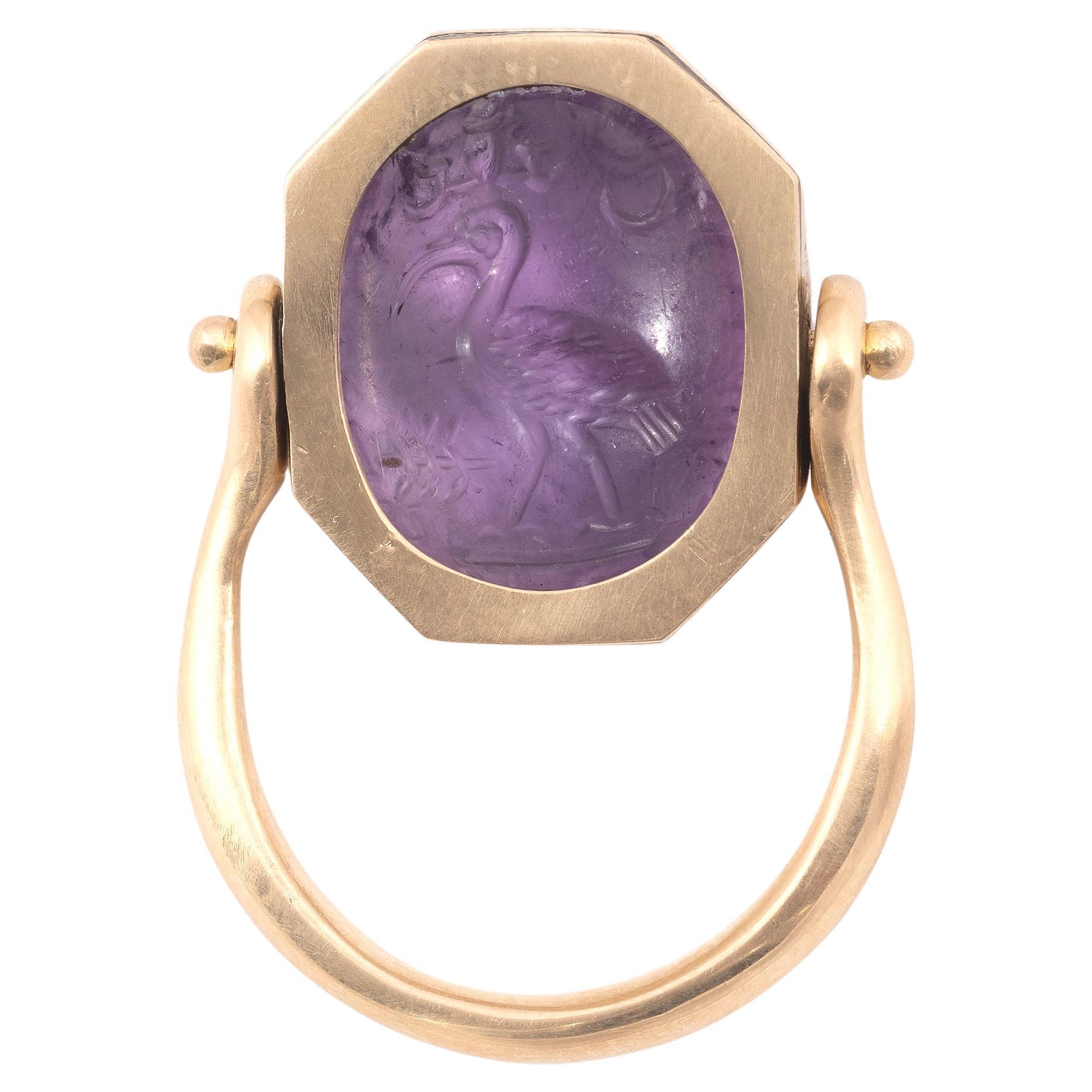 Classical Roman An Amethyst Intaglio Magical In Gold Ring Roman 3rd Century AD For Sale