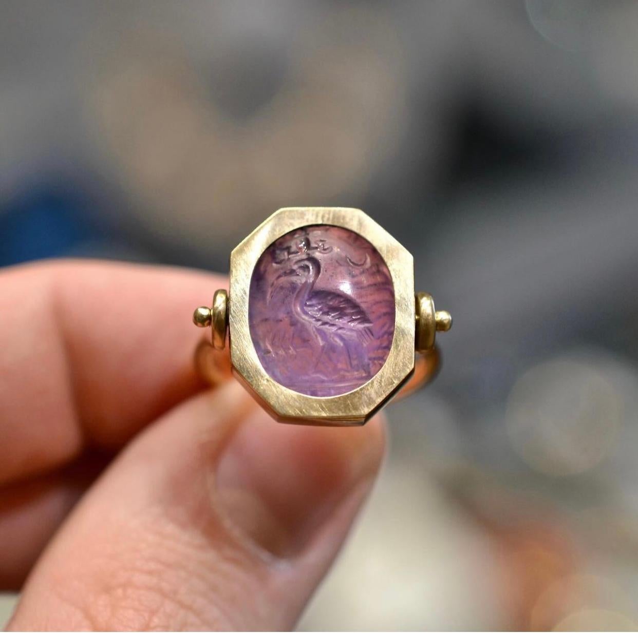 An Amethyst Intaglio Magical In Gold Ring Roman 3rd Century AD For Sale 1