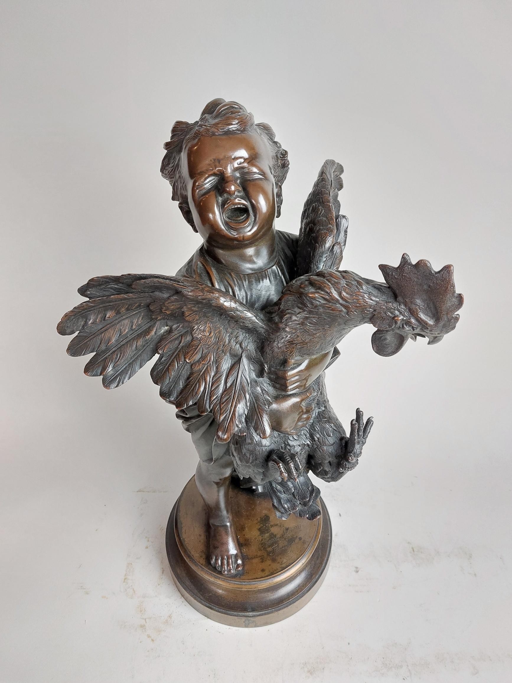 An amusing 19th century Italian bronze of a screaming baby holding a cockerel. 

For some reason the toddler has decided it would be a good idea to pick up a cockerel. The cockerel is not happy about this and is clearly flapping and struggling