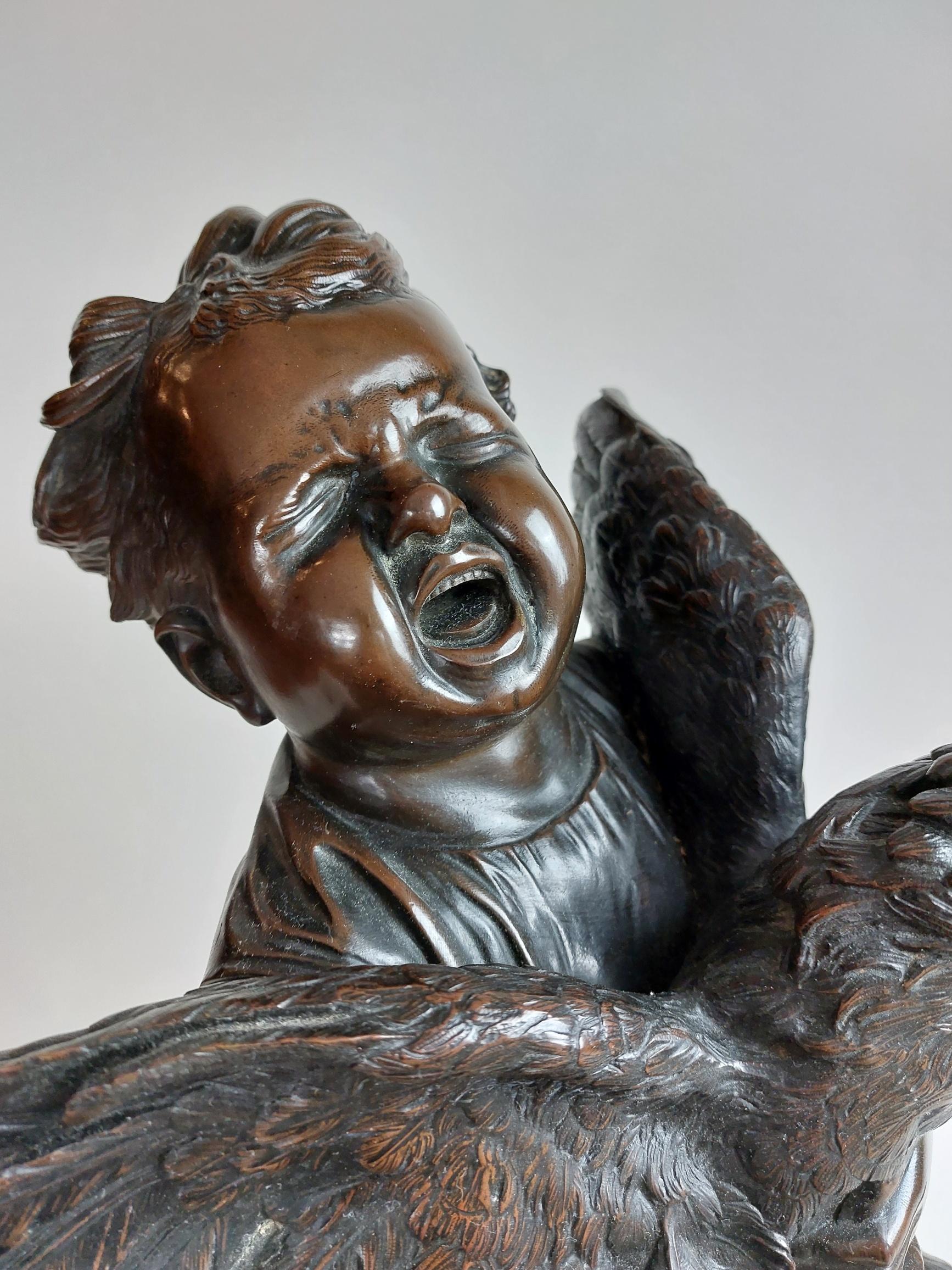 Cast Amusing 19th Century Italian Bronze of a Screaming Baby Holding a Cockerel For Sale