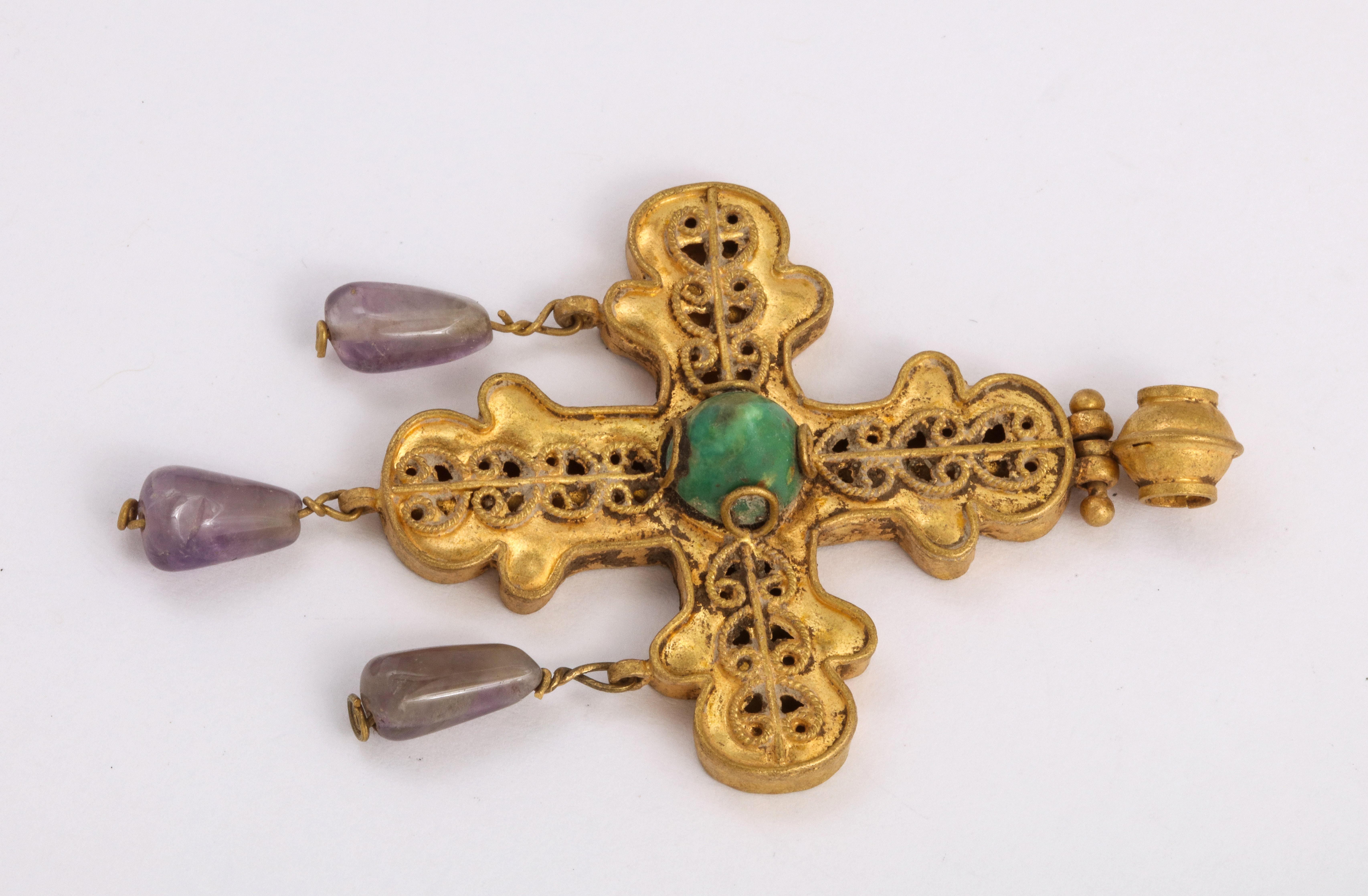 Medieval Ancient Byzantine Gold Cross with Emerald and Amethyst 