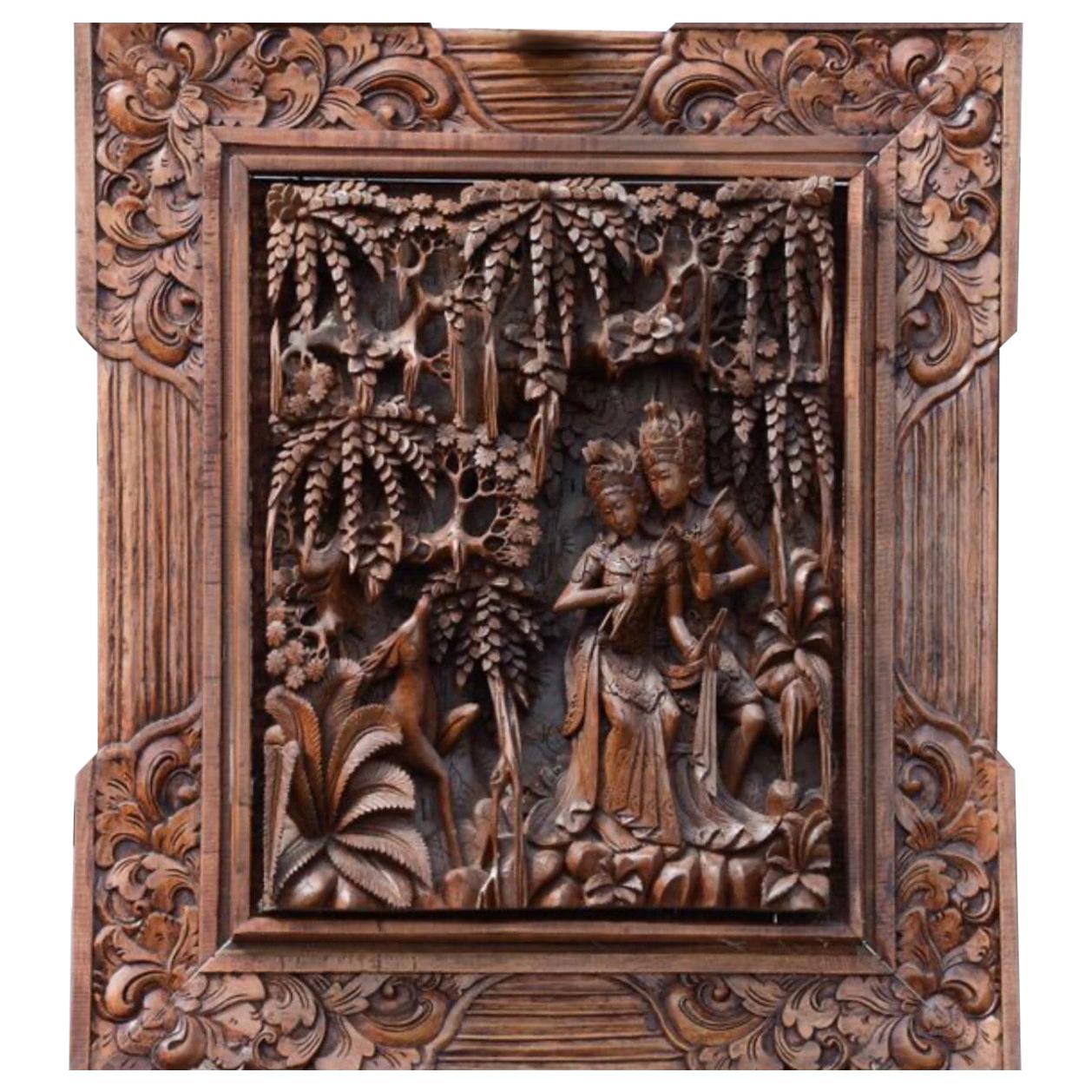 Ancient Carving of Exotic Wood Representing Two Lovers Hidden Among the Trees