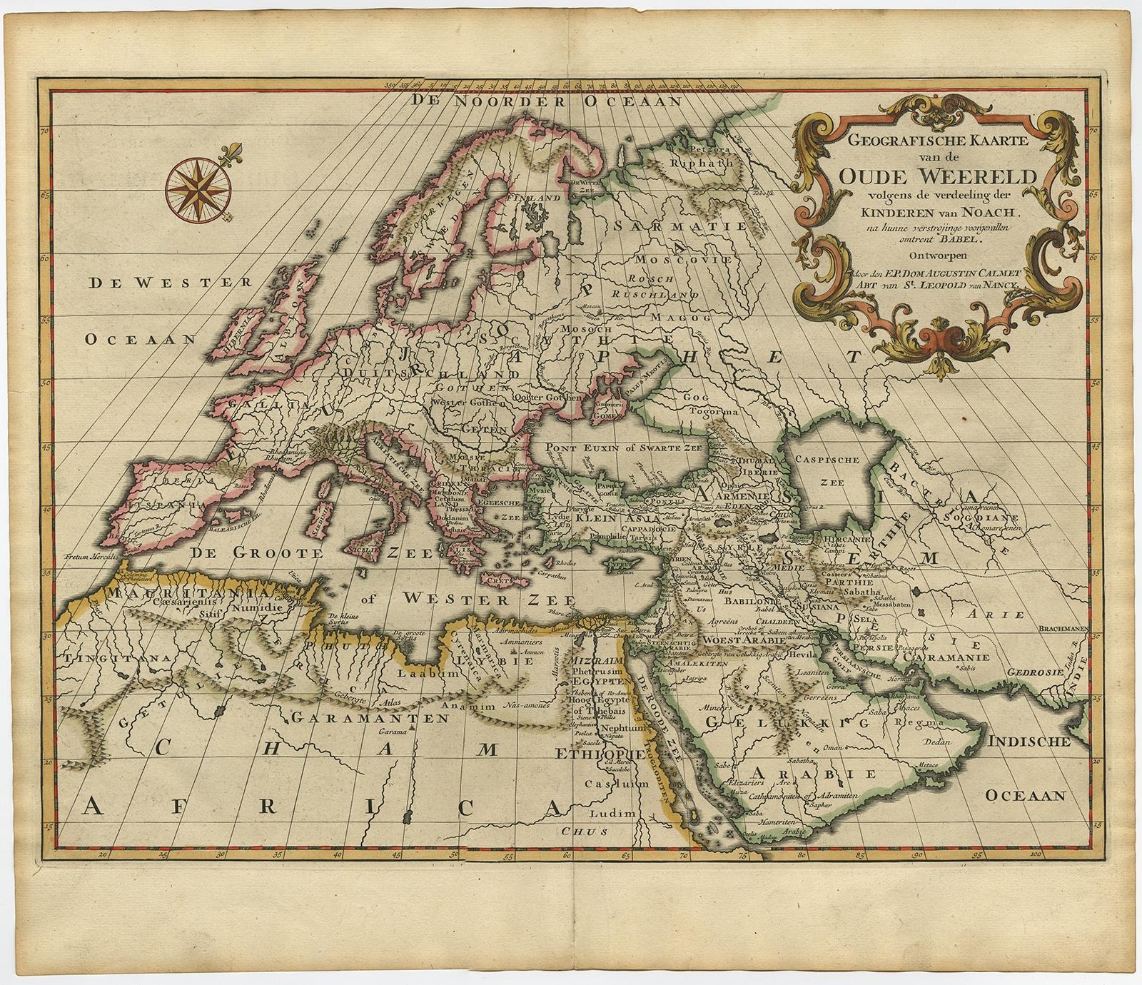 Antique map titled 'Geografische Kaarte van de Oude Weereld (..).' 

Original antique map of the ancient world depicting Europe, Asia, and northern Africa with ancient place names. This map originates from volume 1 of 'Het algemeen groot