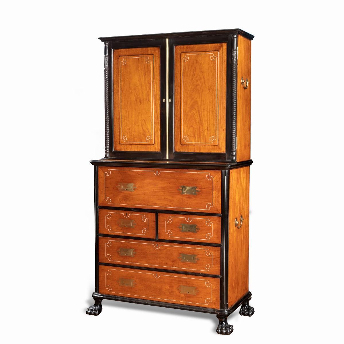 Anglo-Chinese Camphor and Ebony Campaign Secretaire Bookcase For Sale 7