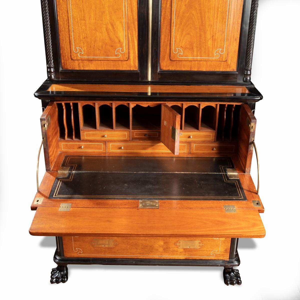 19th Century Anglo-Chinese Camphor and Ebony Campaign Secretaire Bookcase For Sale