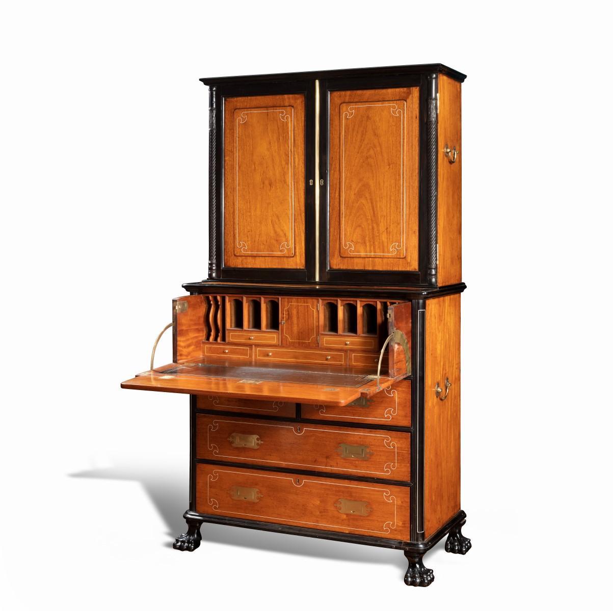 Anglo-Chinese Camphor and Ebony Campaign Secretaire Bookcase For Sale 1