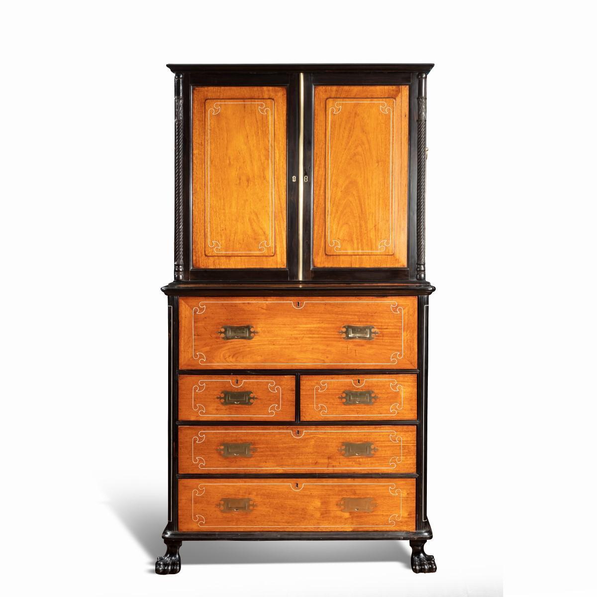 Anglo-Chinese Camphor and Ebony Campaign Secretaire Bookcase For Sale 3