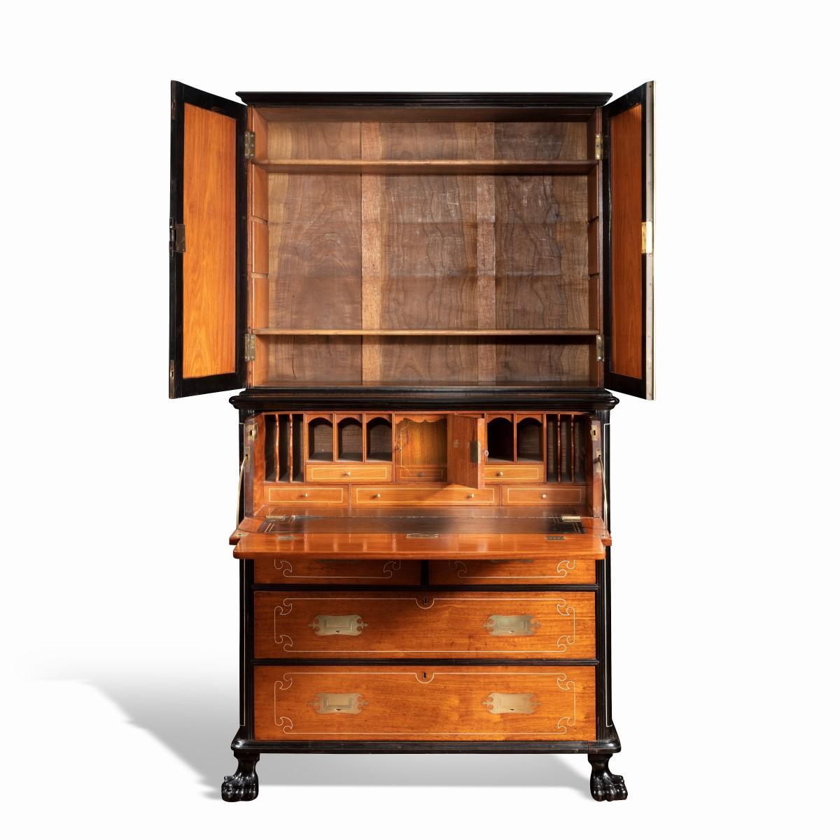 Anglo-Chinese Camphor and Ebony Campaign Secretaire Bookcase For Sale 4