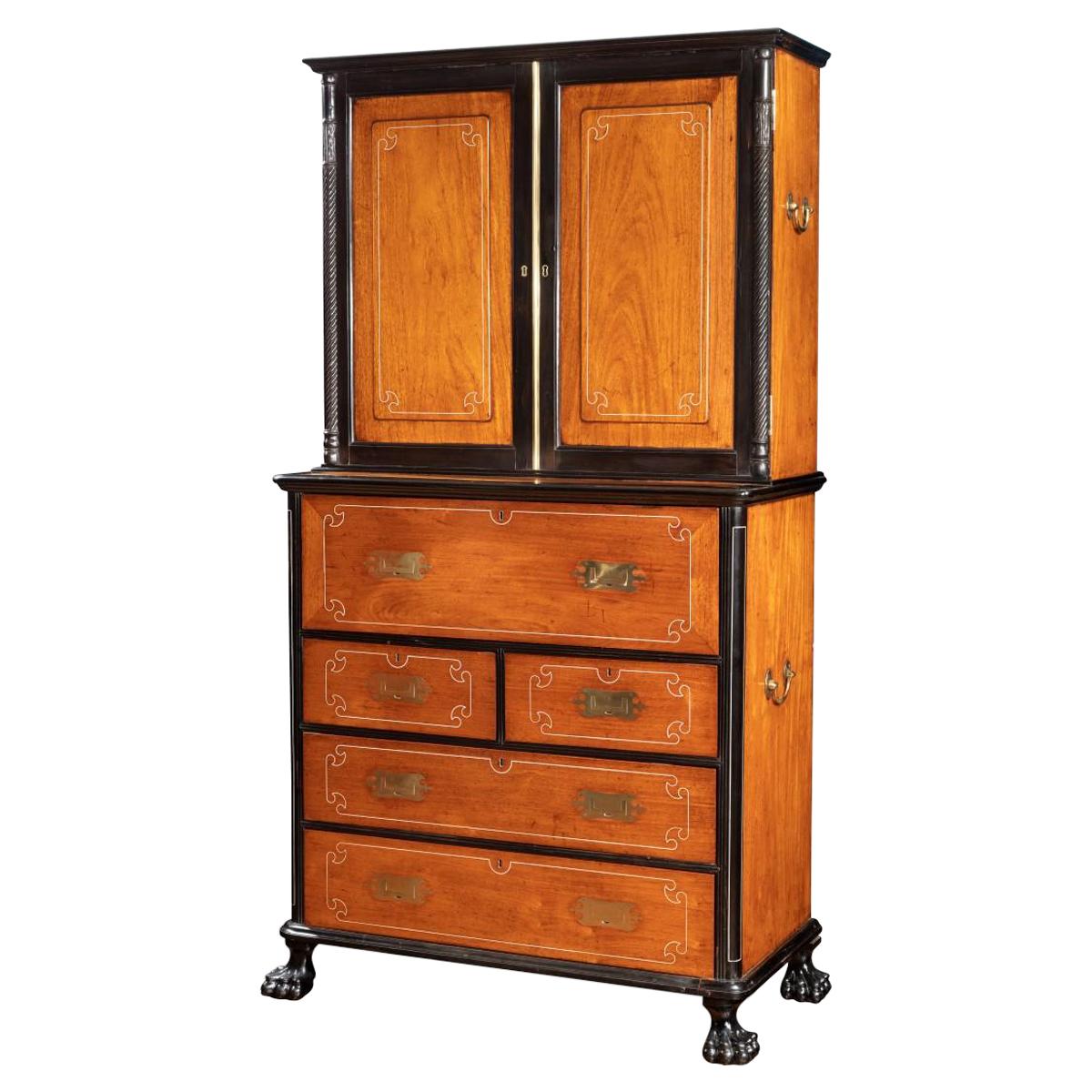 Anglo-Chinese Camphor and Ebony Campaign Secretaire Bookcase For Sale