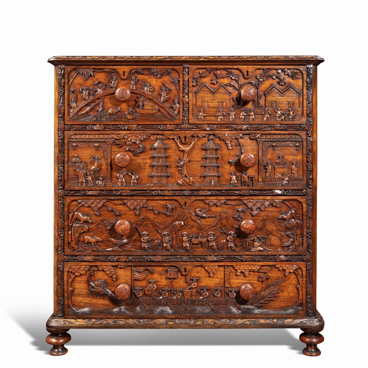 An Anglo-Chinese padouk campaign chest of drawers, 1868 In Good Condition In Lymington, Hampshire