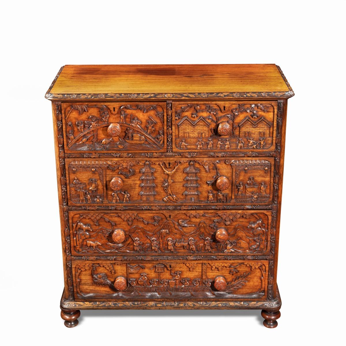 Mid-19th Century An Anglo-Chinese padouk campaign chest of drawers, 1868