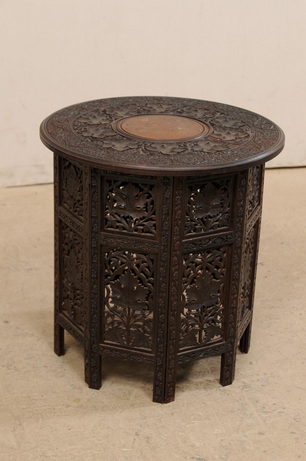 20th Century Anglo-Indian Carved-Wood Tea Table Top, Foldable for Storage