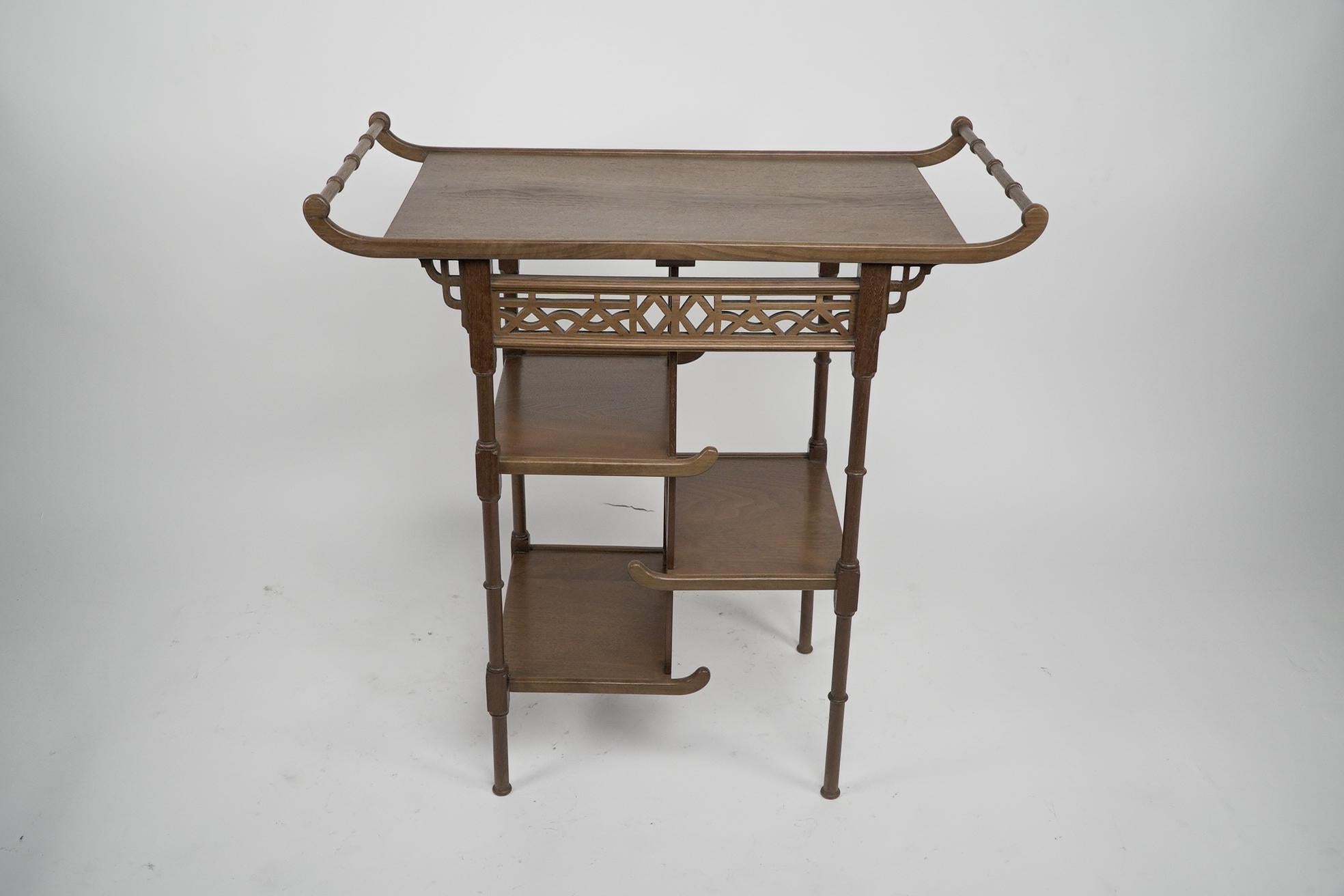 Late 19th Century An Anglo-Japanese beech wood side table with fretwork &pagoda style turned rails For Sale