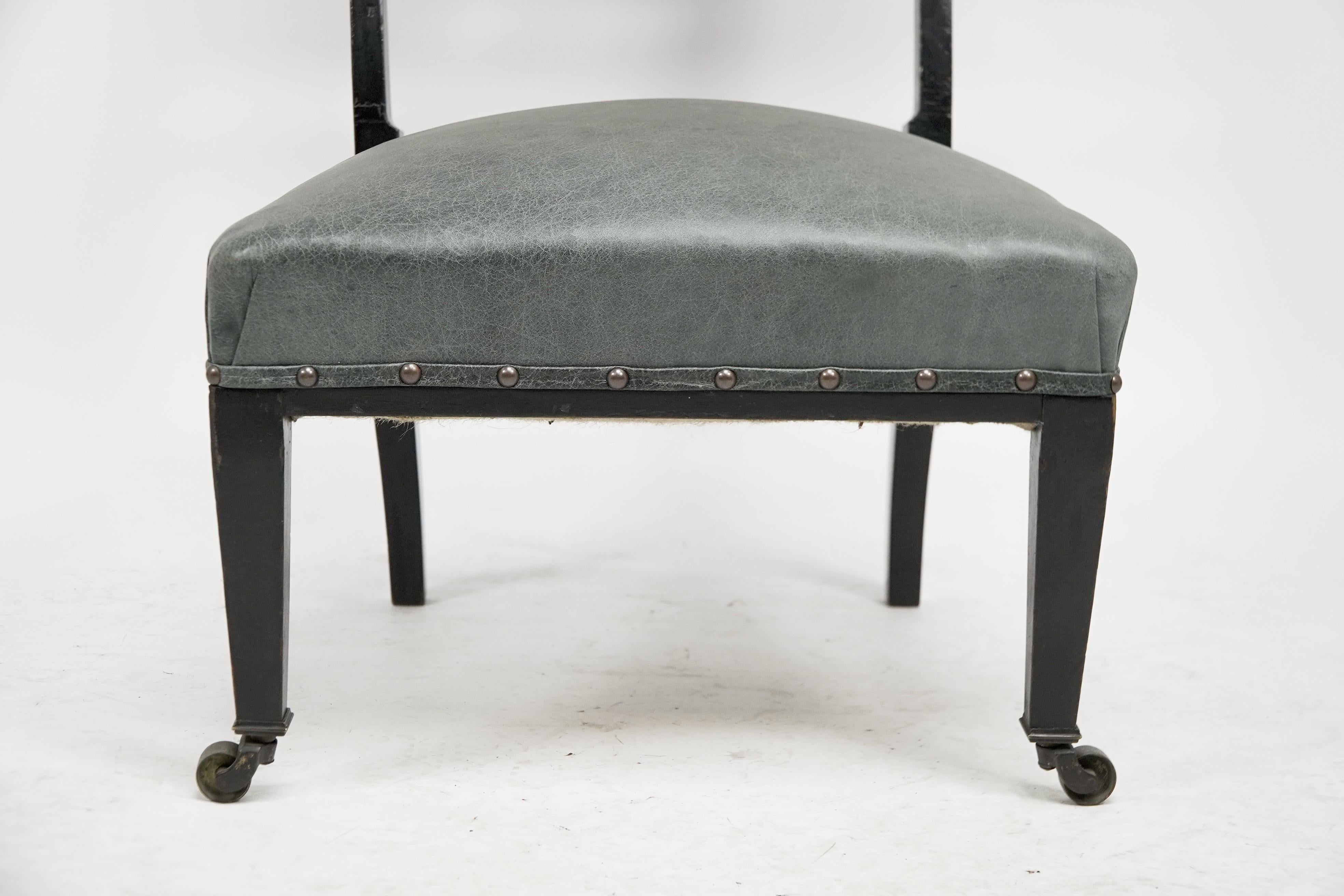 An Anglo-Japanese ebonized side or nursing chair with green hide upholstery For Sale 5
