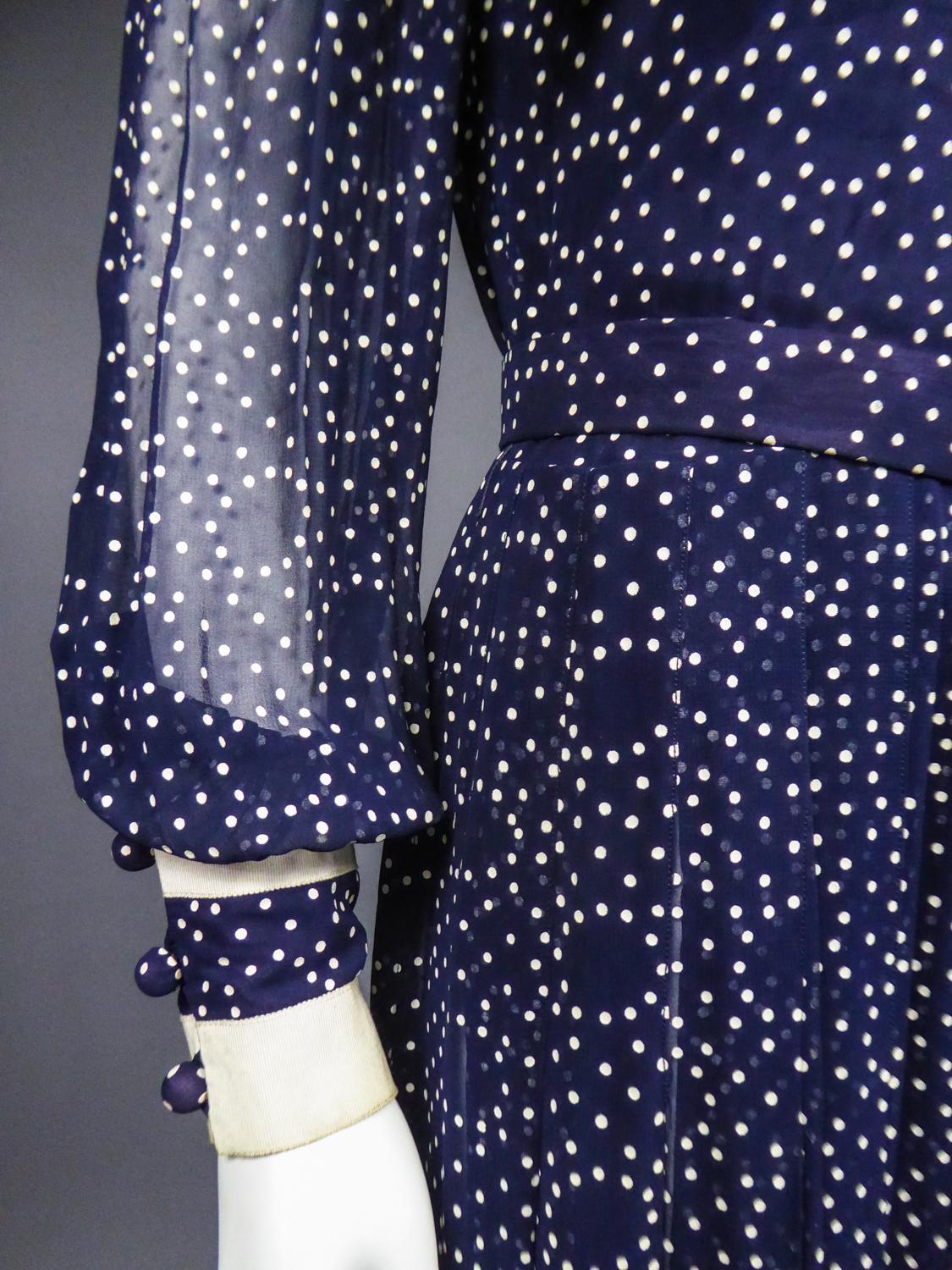 A French Navy Chiffon Cocktail Dress with White Polka Dots Circa 1975 For Sale 3