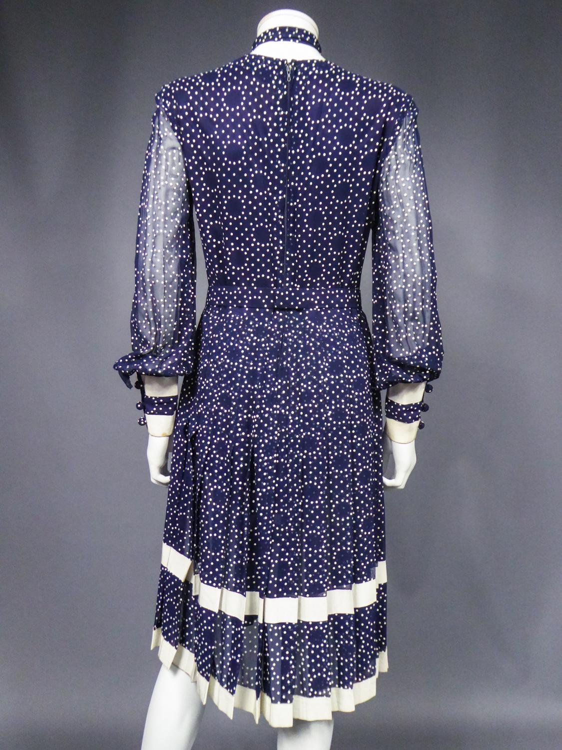 A French Navy Chiffon Cocktail Dress with White Polka Dots Circa 1975 For Sale 5