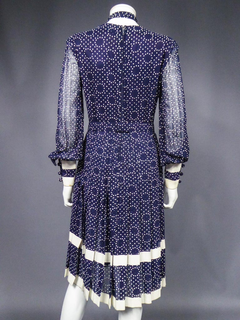 A French Navy Chiffon Cocktail Dress with White Polka Dots Circa 1975 For Sale 7
