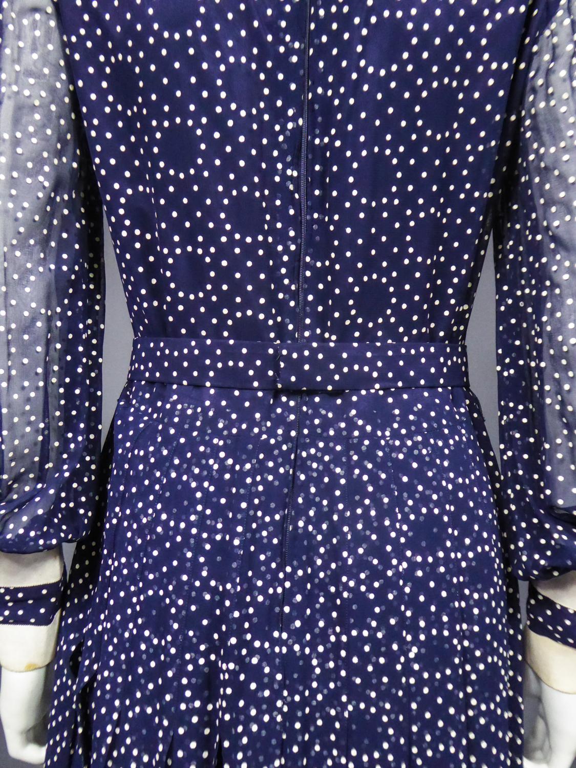 A French Navy Chiffon Cocktail Dress with White Polka Dots Circa 1975 For Sale 6