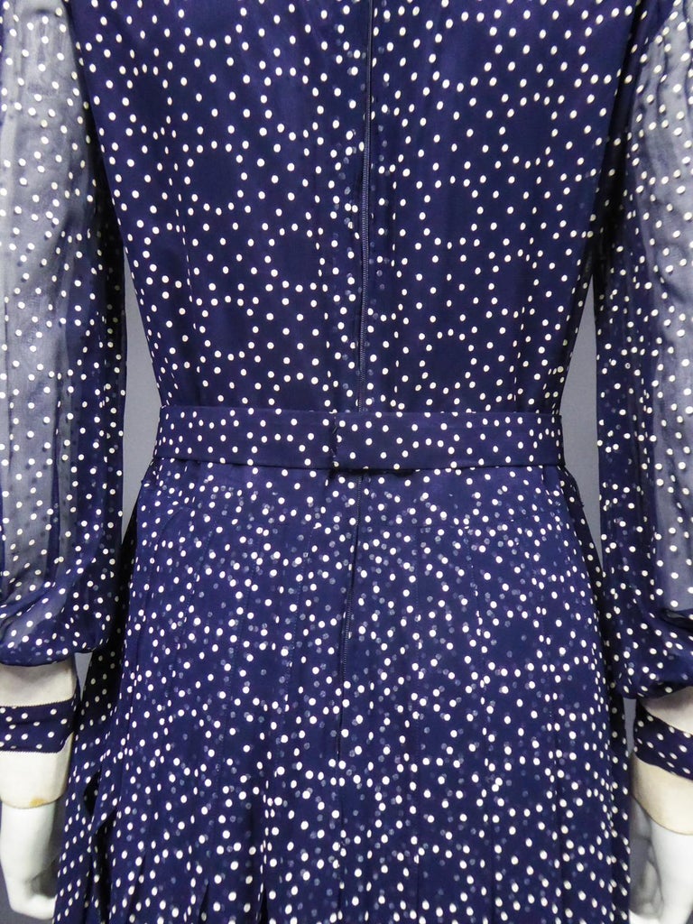A French Navy Chiffon Cocktail Dress with White Polka Dots Circa 1975 For Sale 8