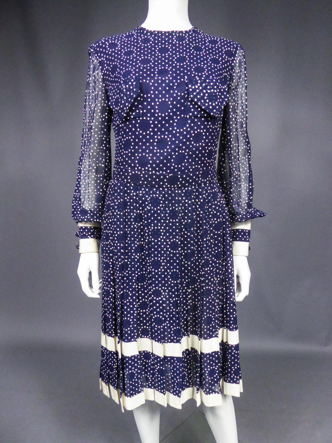 A French Navy Chiffon Cocktail Dress with White Polka Dots Circa 1975 For Sale 8