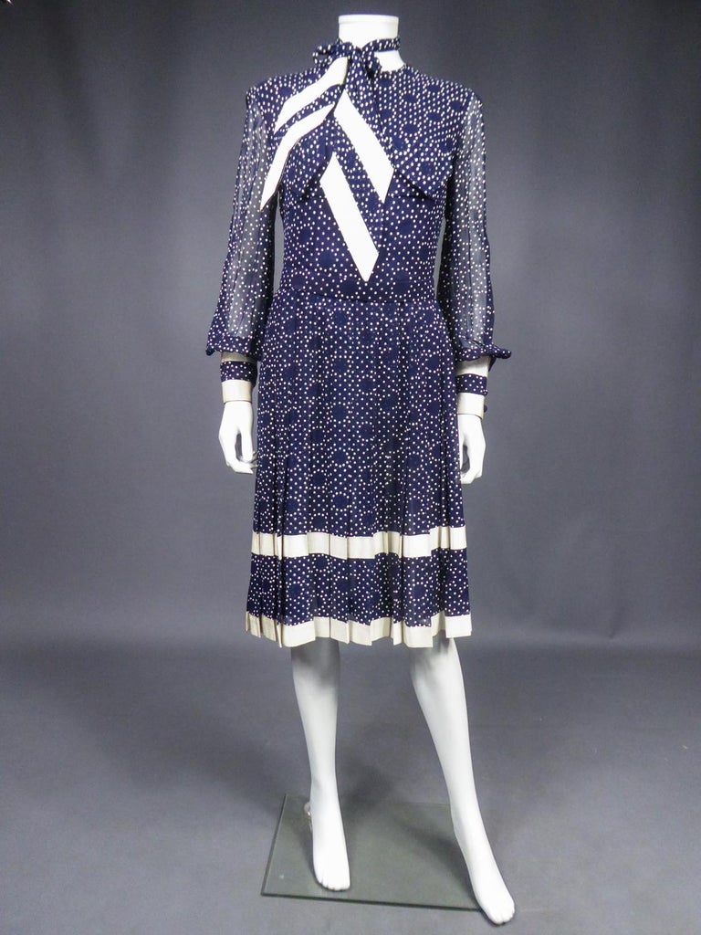Women's A French Navy Chiffon Cocktail Dress with White Polka Dots Circa 1975 For Sale