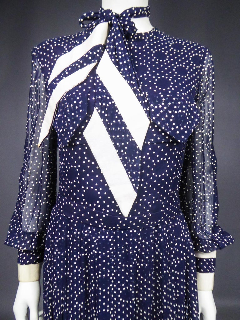 A French Navy Chiffon Cocktail Dress with White Polka Dots Circa 1975 For Sale 1