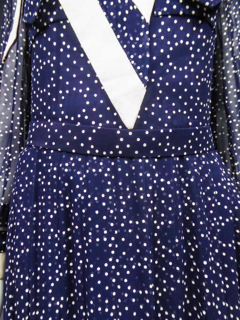 A French Navy Chiffon Cocktail Dress with White Polka Dots Circa 1975 For Sale 2
