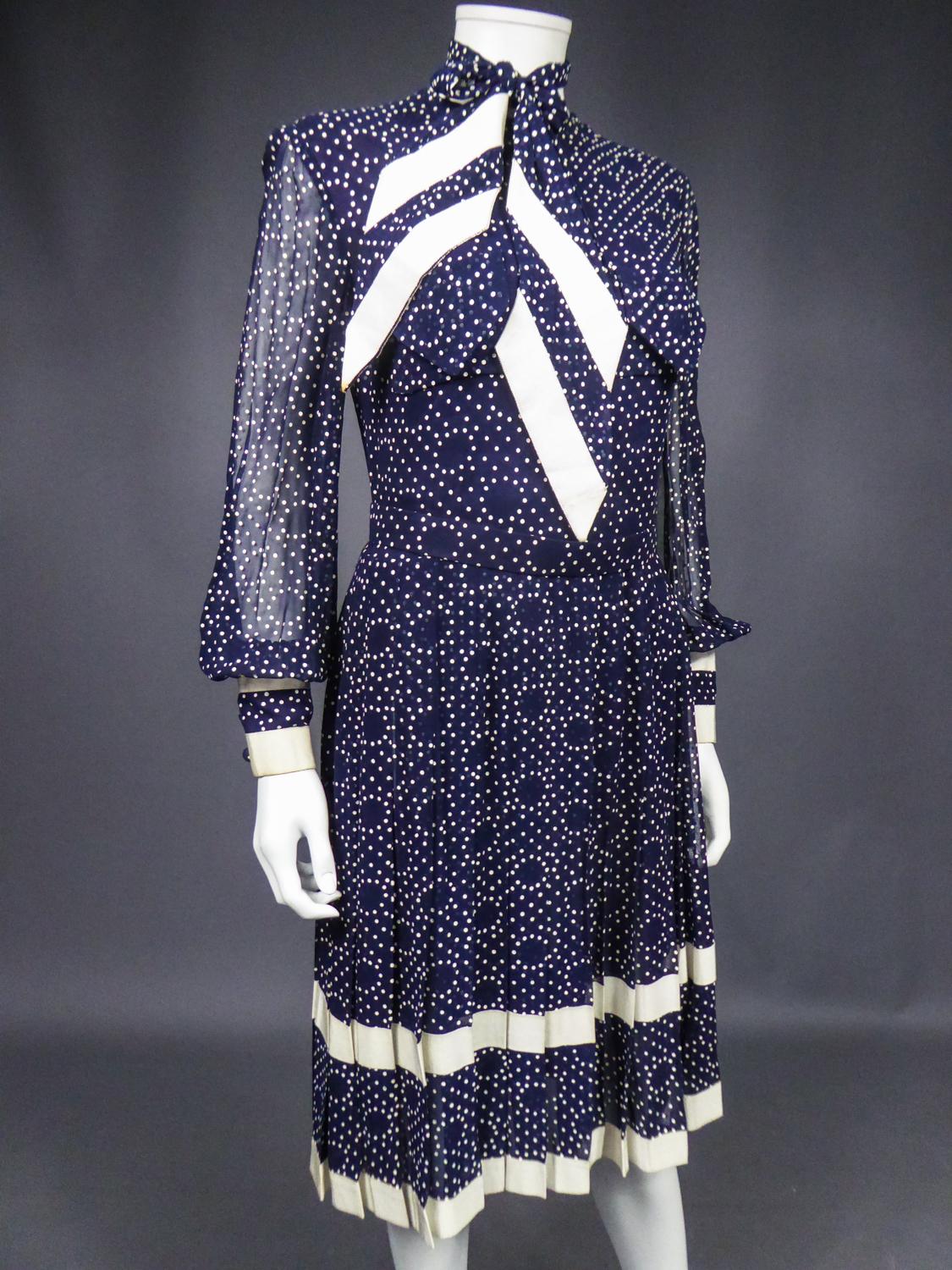 A French Navy Chiffon Cocktail Dress with White Polka Dots Circa 1975 For Sale 1