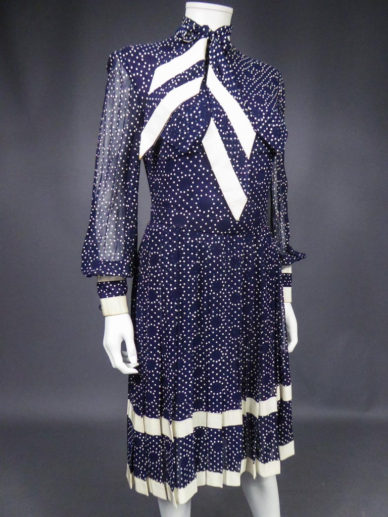 A French Navy Chiffon Cocktail Dress with White Polka Dots Circa 1975 For Sale 3