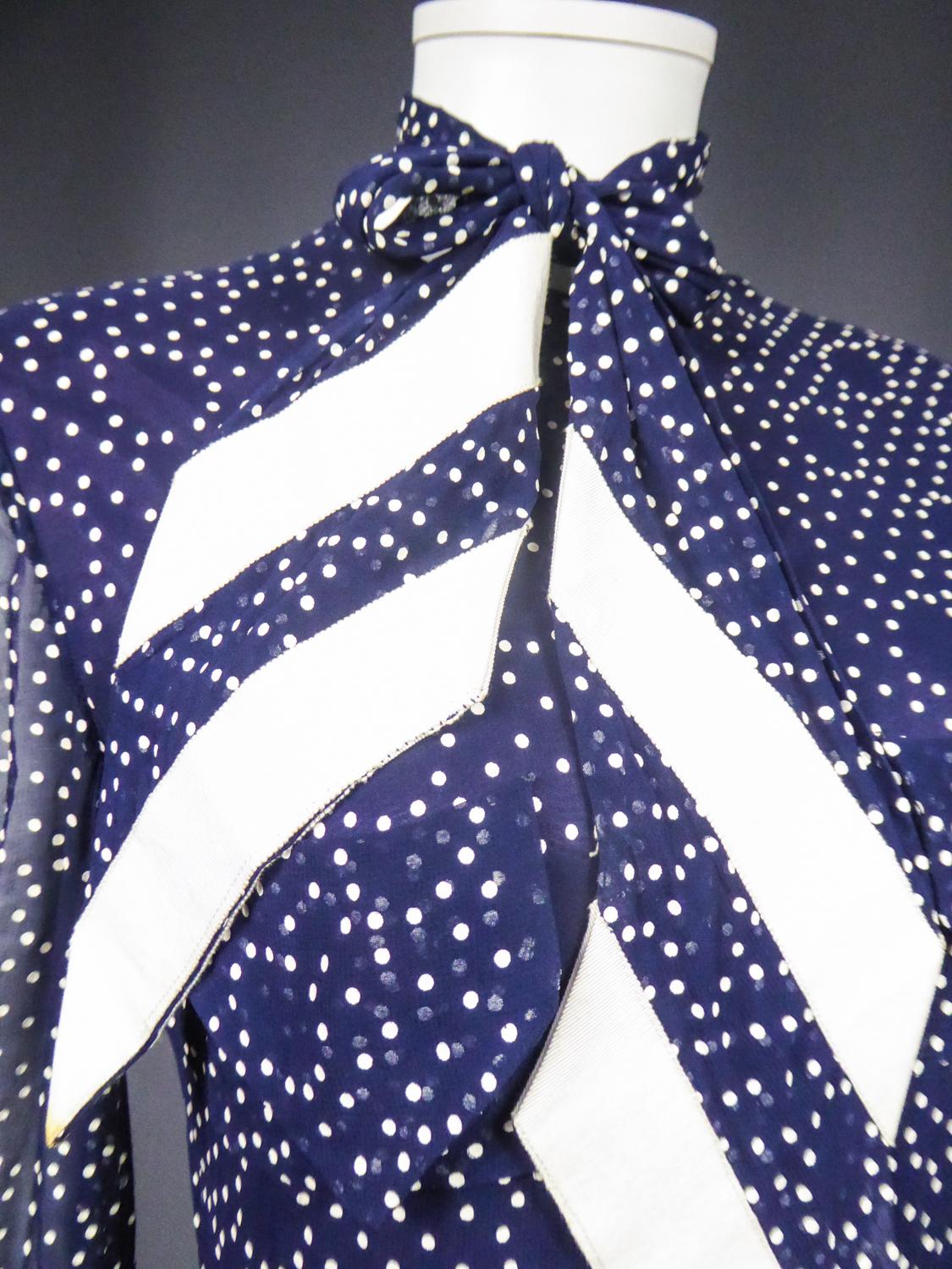 A French Navy Chiffon Cocktail Dress with White Polka Dots Circa 1975 For Sale 2