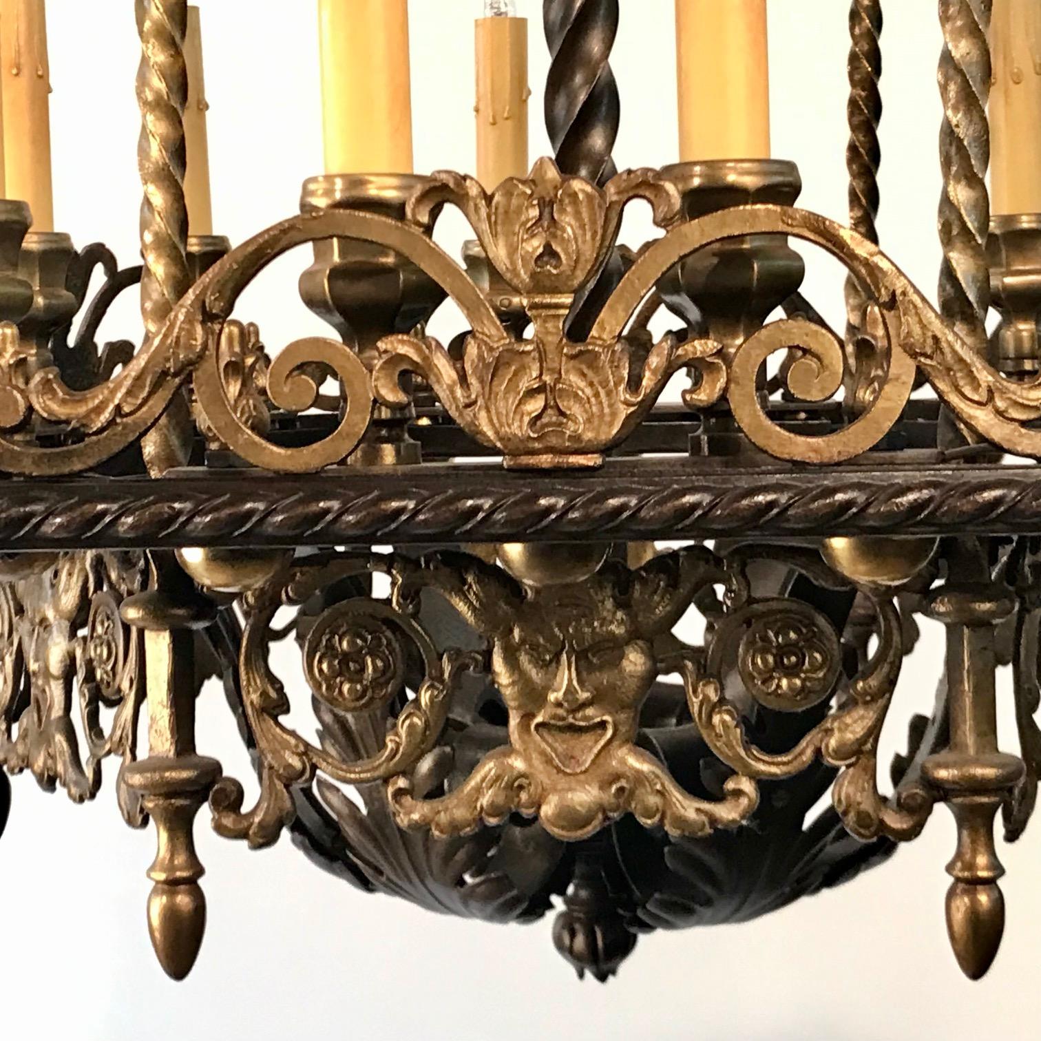 An Antique 12 Light Neo-Renaissance  Bronze and Wrought Iron Chandelier For Sale 1