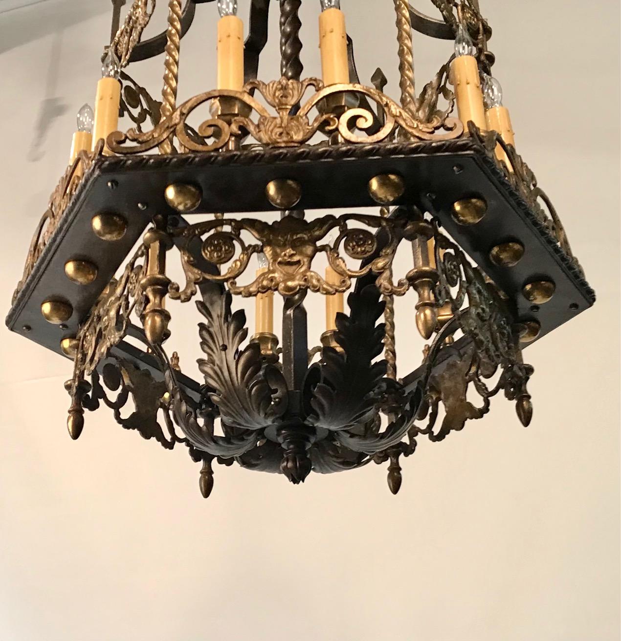 An Antique 12 Light Neo-Renaissance  Bronze and Wrought Iron Chandelier For Sale 2