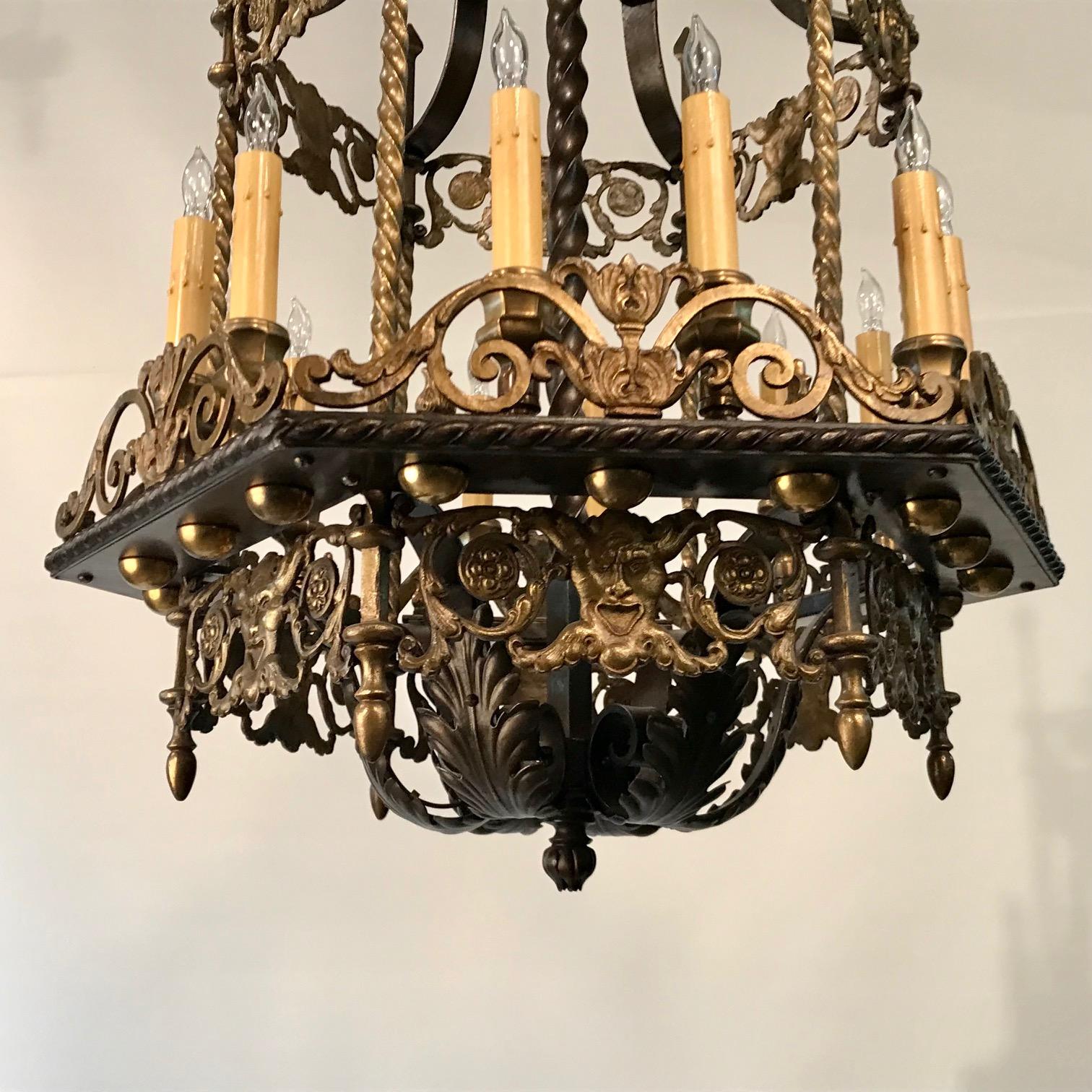 An Antique 12 Light Neo-Renaissance  Bronze and Wrought Iron Chandelier For Sale 4