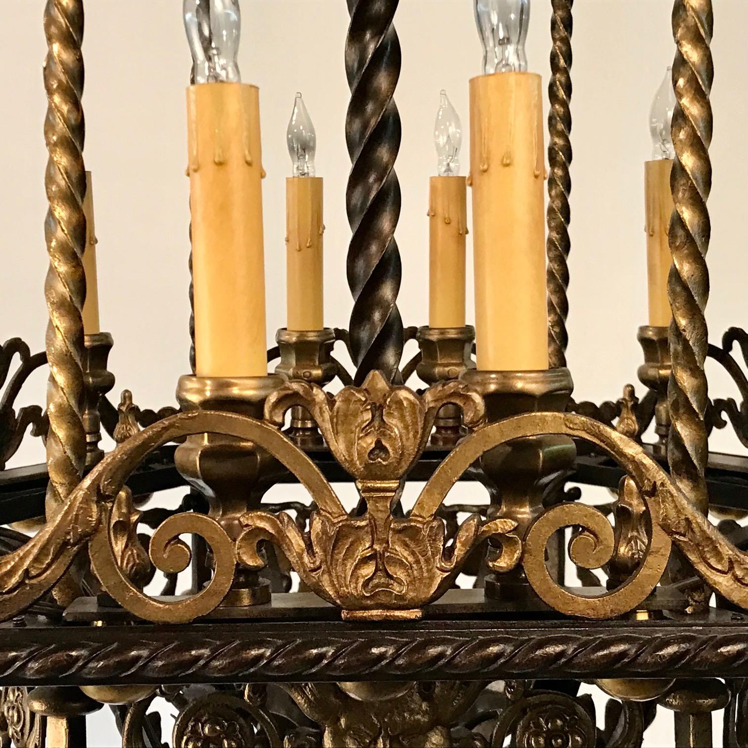 Metalwork An Antique 12 Light Neo-Renaissance  Bronze and Wrought Iron Chandelier For Sale