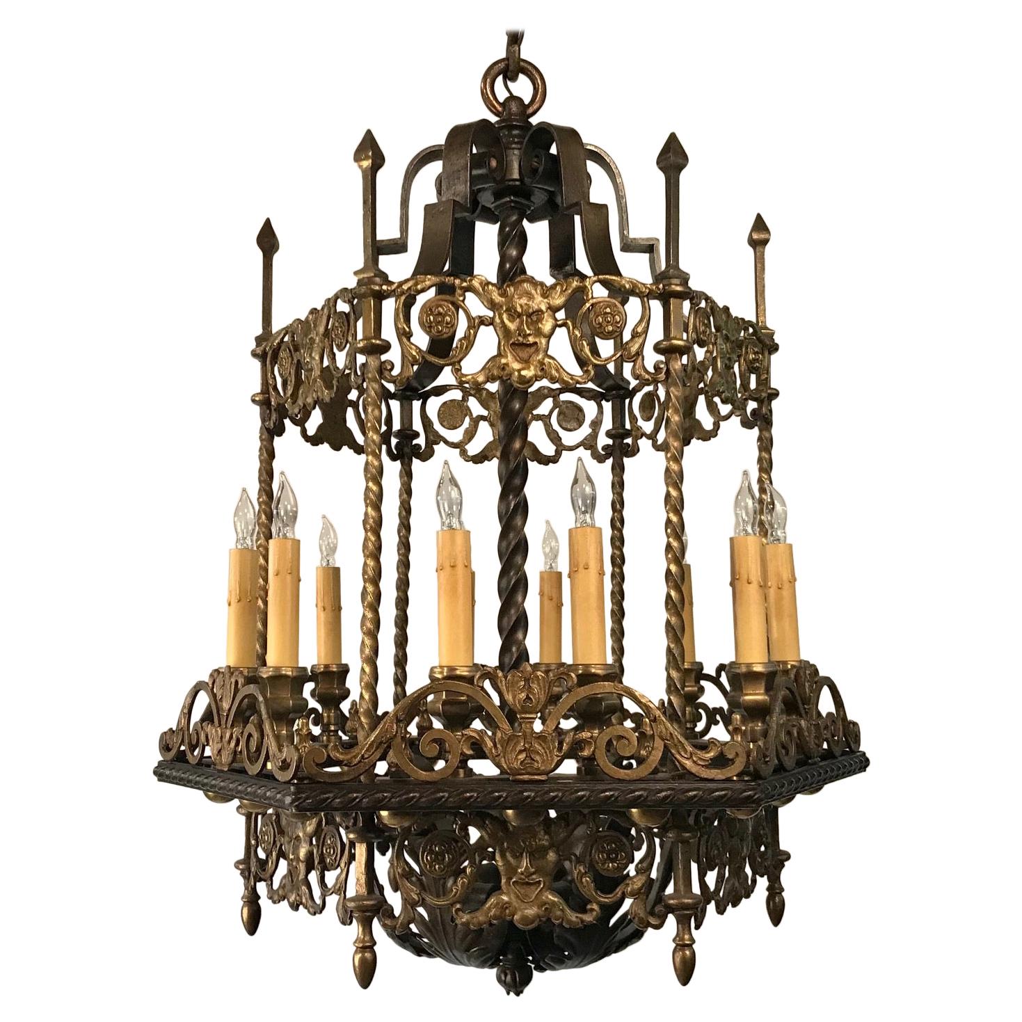 An Antique 12 Light Neo-Renaissance  Bronze and Wrought Iron Chandelier For Sale