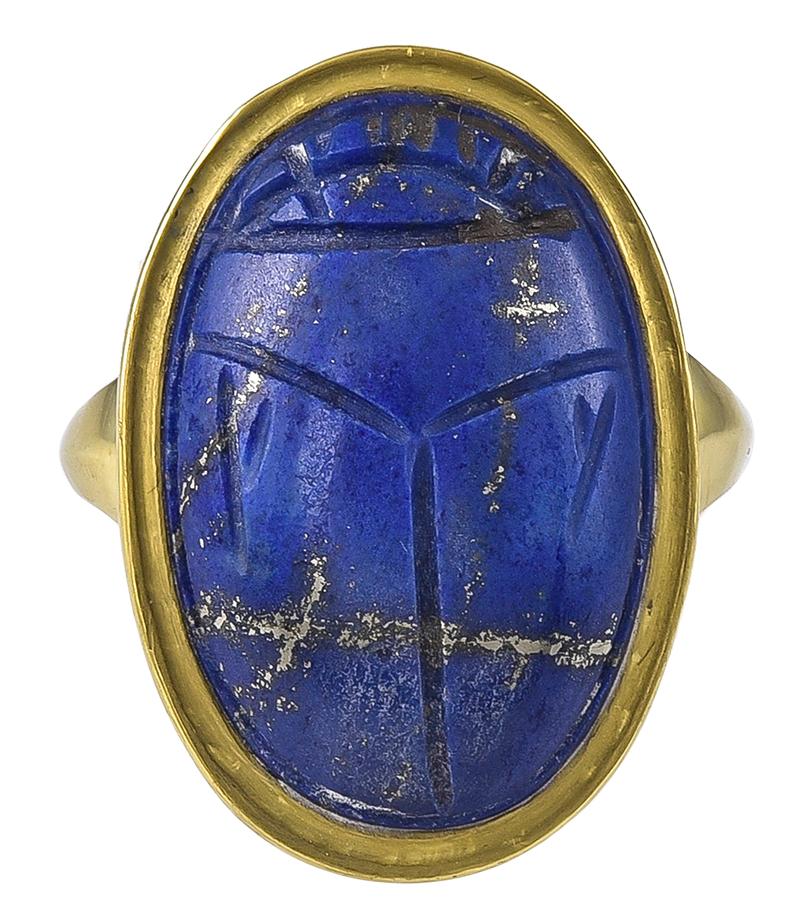 The restrained carving and proportions of this gem give it an elegant look and the Lapis Lazuli used is of a fine colour and quality, the Gold Ring mount tests for 18k
Condition: Good
Finger size:  US 8   UK Q   CN 17
Dimensions of head: 1.7 cm wide