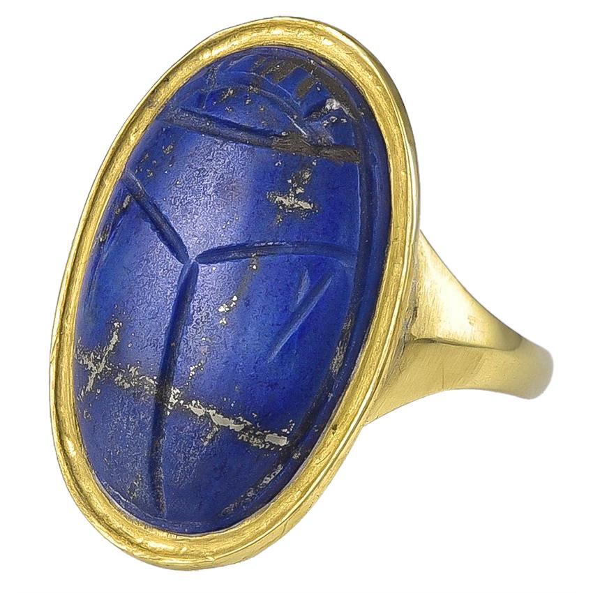 Antique 18 Karat Gold and Lapis Lazuli Scarab Ring For Sale