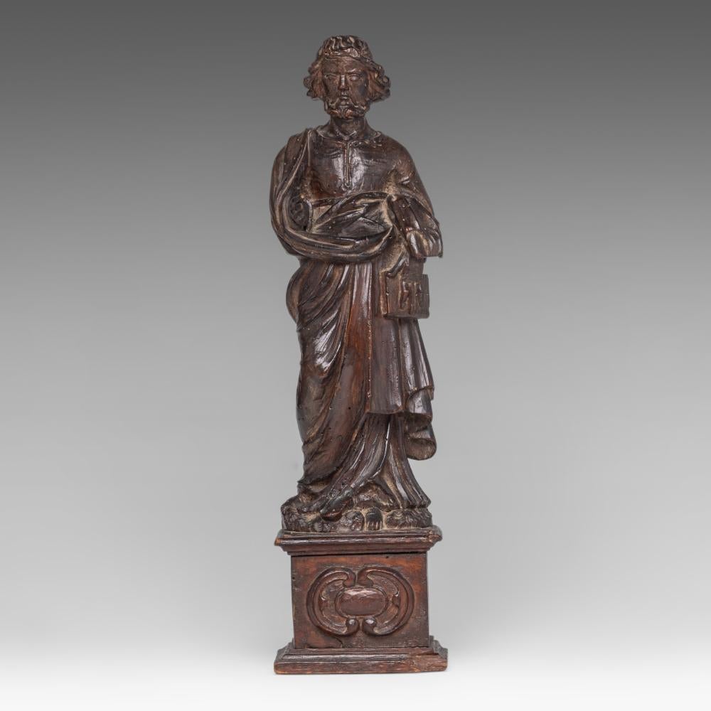 An antique 18th century Walnut Figural Statue of Saint Peter on a plinth

Anonymous
Northern Europe, probably Belgium; first-half of the 18th century
Walnut

Approximate size:  17 (h) x 4.25 (w) x 4.25 (d) in.

The present sculpture, perfectly