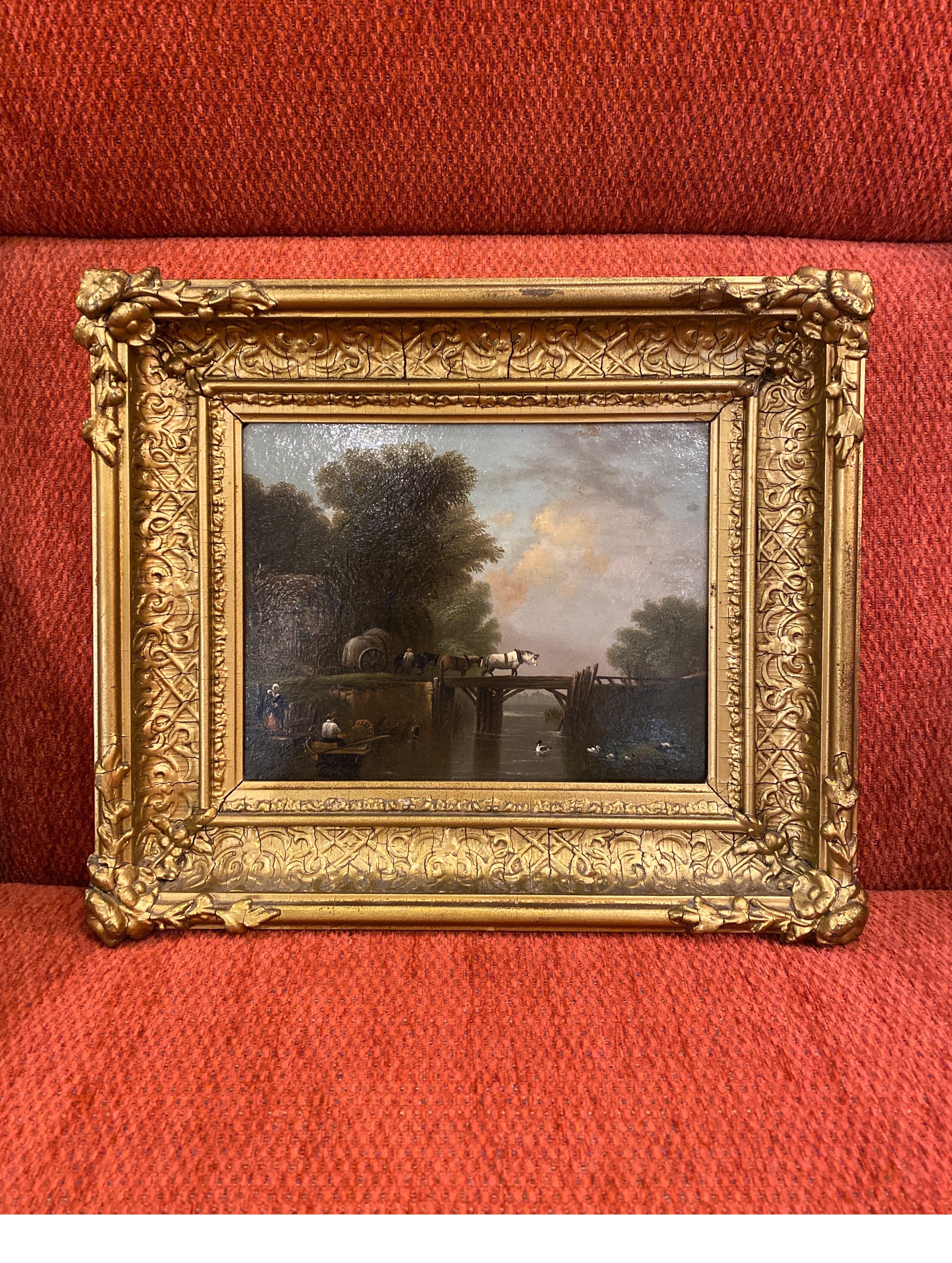 
A well painted oil on bard, England. early to mid 19th century, 1830's in a beautiful original giltwood frame. The painting titled 