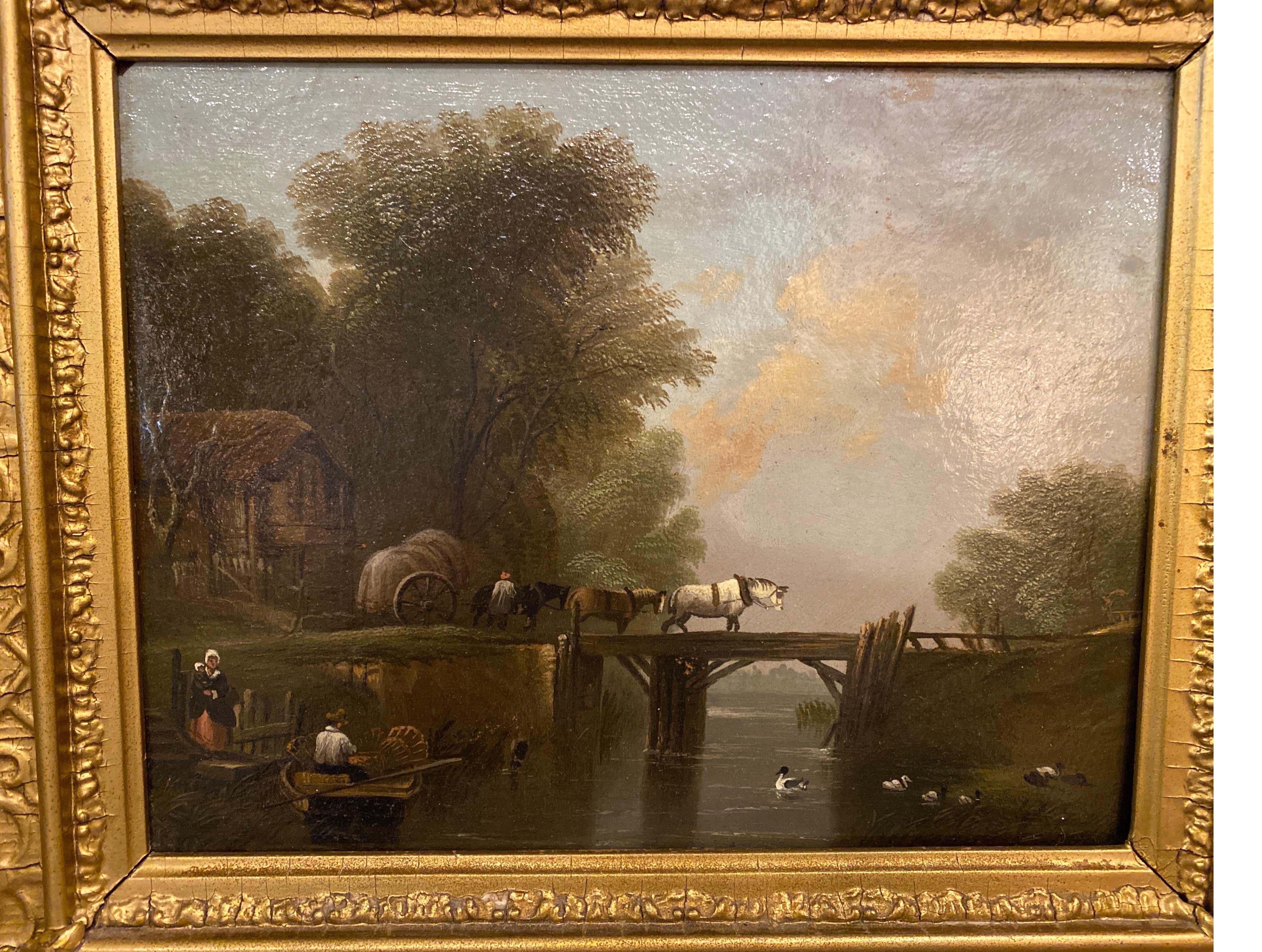 Hand-Painted An Antique 19 Century English Oil Painting in Original Giltwood Frame