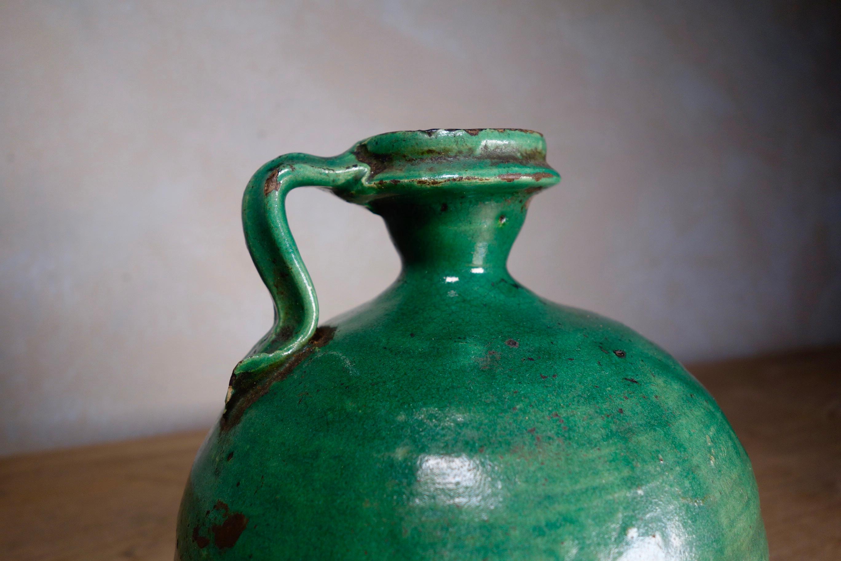 European Antique 19th Century French Green Olive Oil Jug