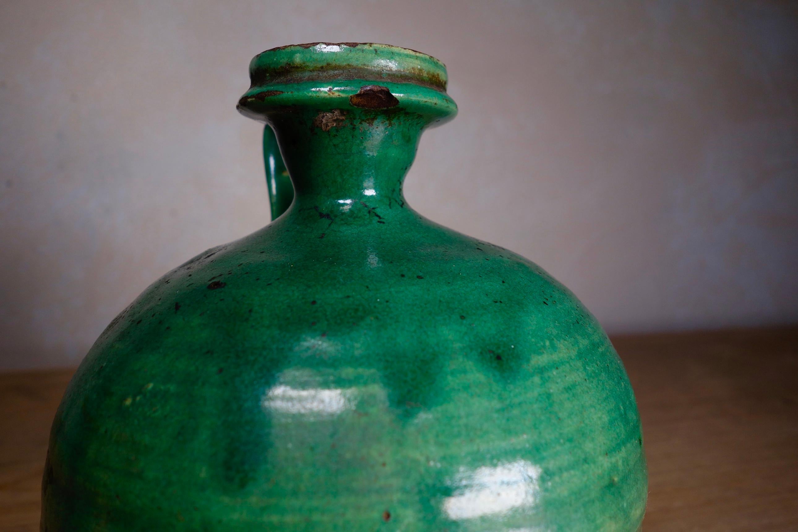 Pottery Antique 19th Century French Green Olive Oil Jug