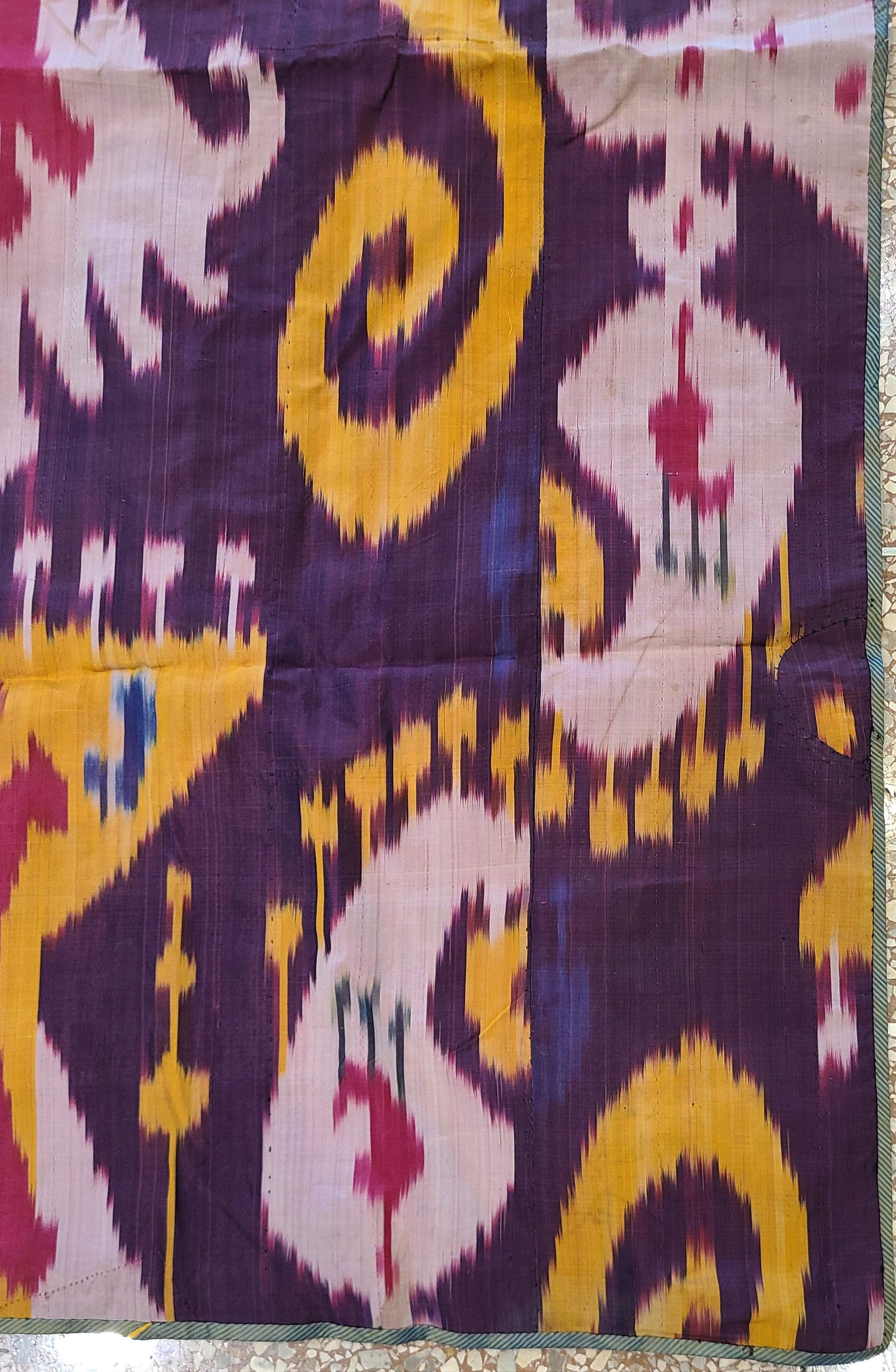 Late 19th Century Antique 19th Century Russian Uzbek Pure Silk Wrapped Tribal Weaving Ikat For Sale