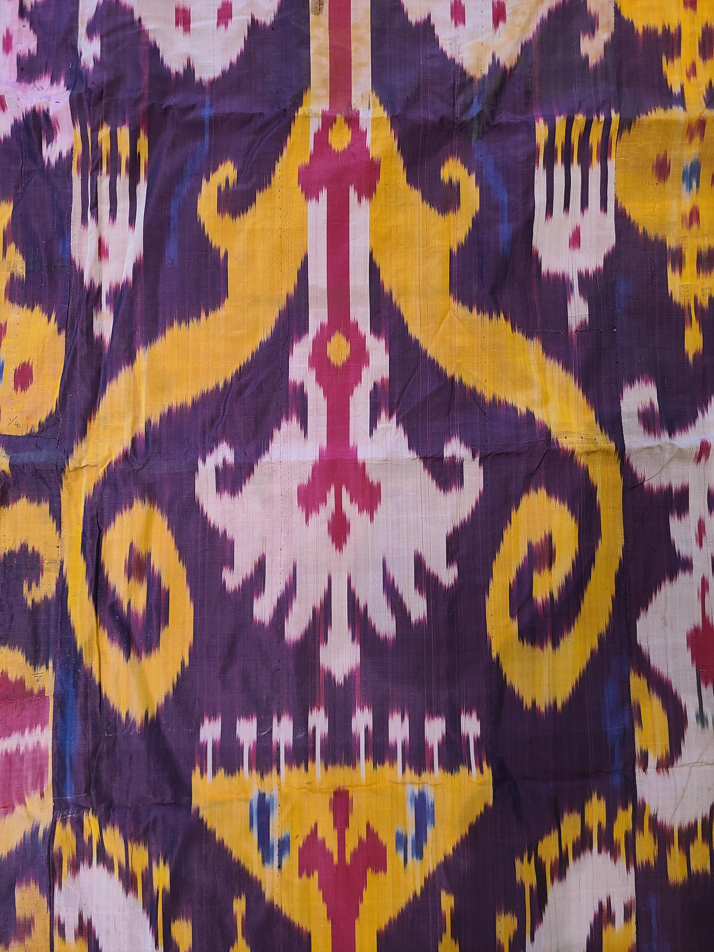 Cotton Antique 19th Century Russian Uzbek Pure Silk Wrapped Tribal Weaving Ikat For Sale
