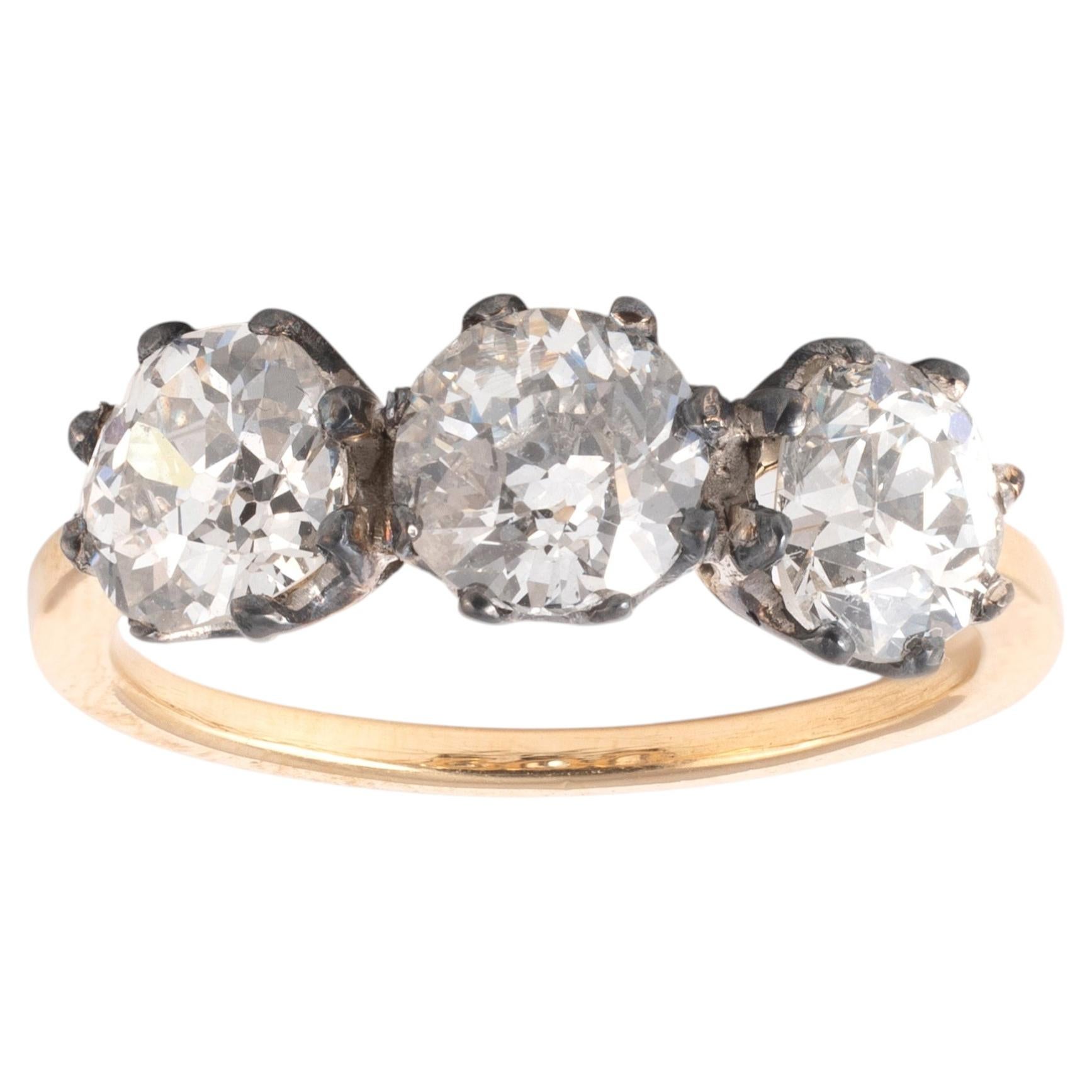 Antique 2.9ct Old Mine & European-Cut Diamond Three-Stone Ring, 1890